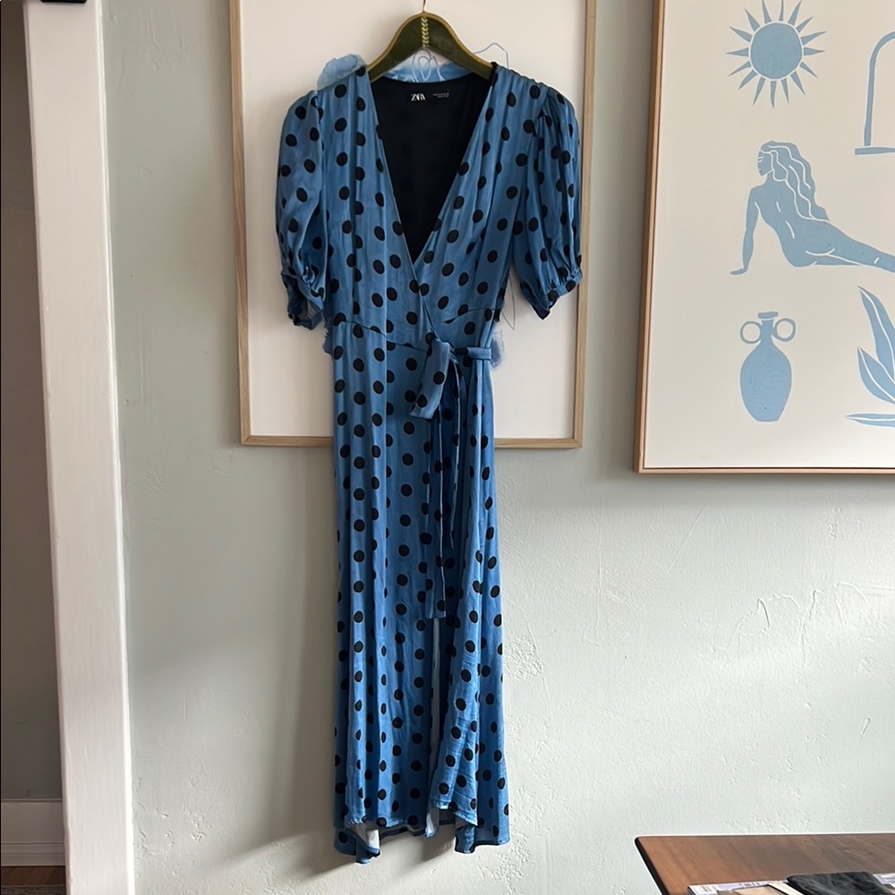 Zara Blue and White V-Neck Puff Sleeve Maxi Dress